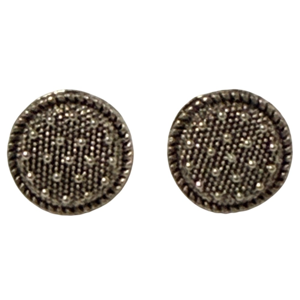 Textured Mesh Bead Stud Earrings Silver Tone Round 0.5 Inch Women
